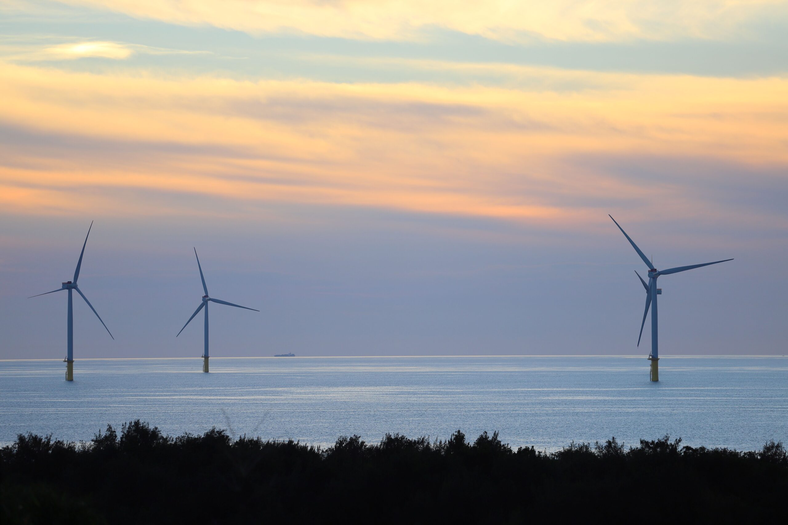 Aerogeneradores marinos en el mar al atardecer