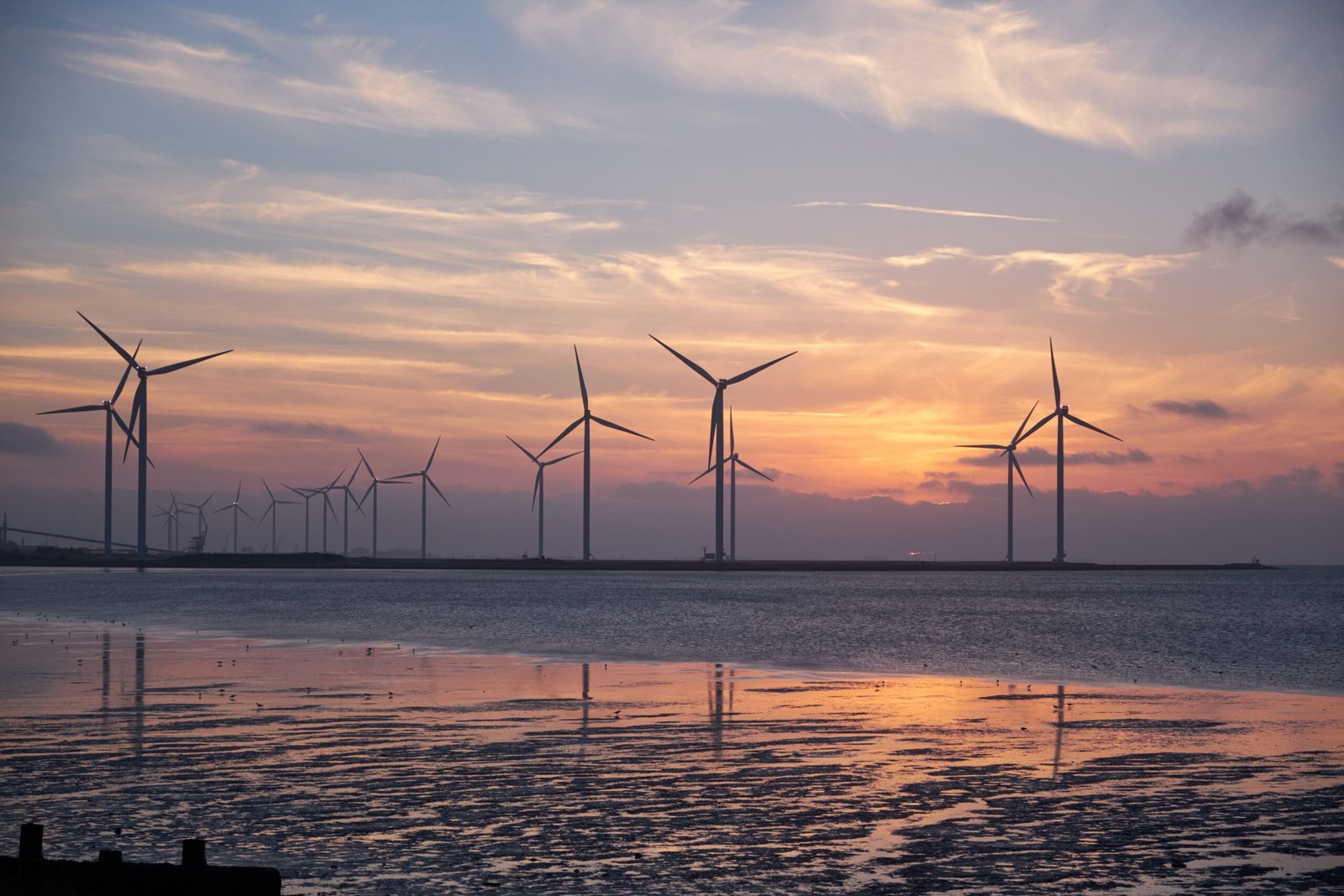 Recursos naturales inagotables: qué son y ejemplos 4 Aerogeneradores en la costa recortados sobre un atardecer